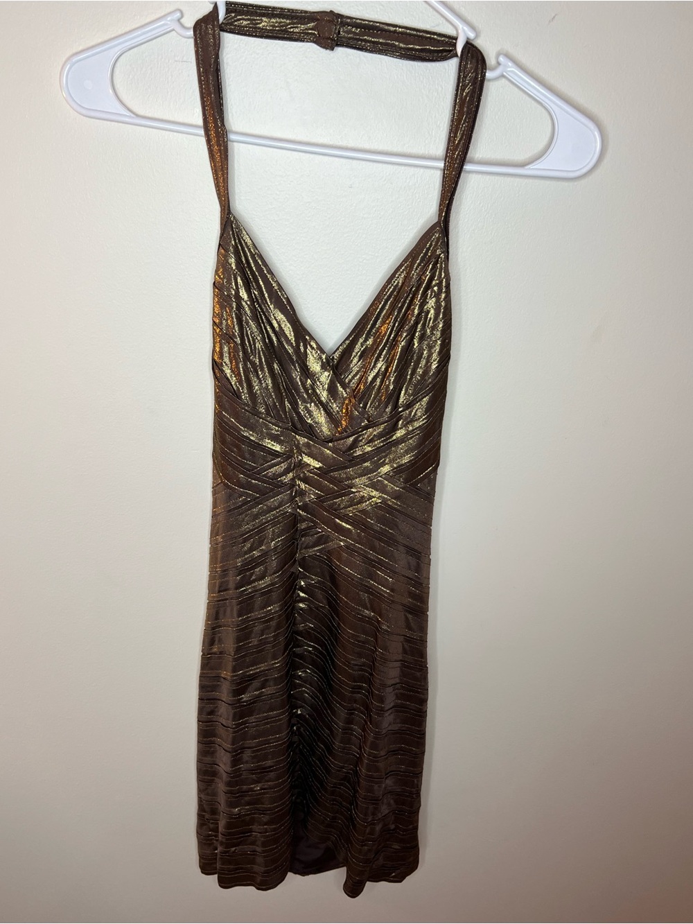 BCBGMaxAzria Metallic Brown with Gold Shimmer Halter Dress